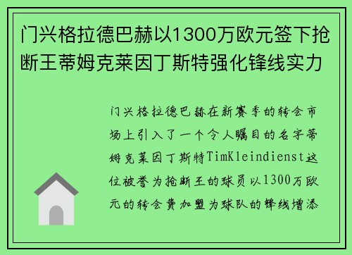 门兴格拉德巴赫以1300万欧元签下抢断王蒂姆克莱因丁斯特强化锋线实力